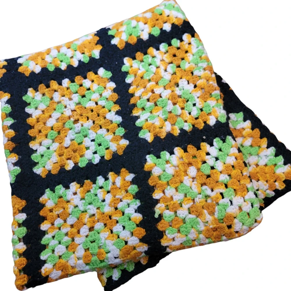Granny Square Afghan Blanket Black Gold Lime Green White Throw 52